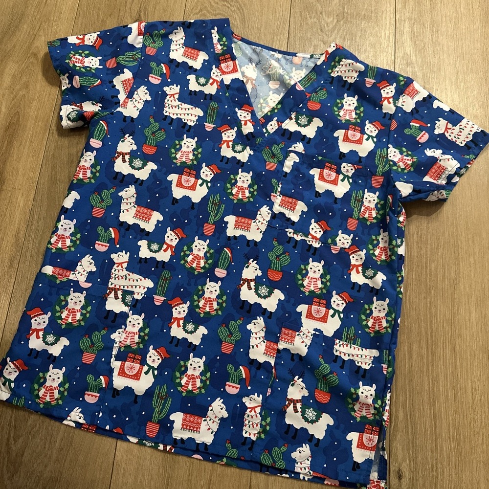 Christmas Holiday Llamas Cactus Woman's Scrub Top Medical Blue Size Medium‎